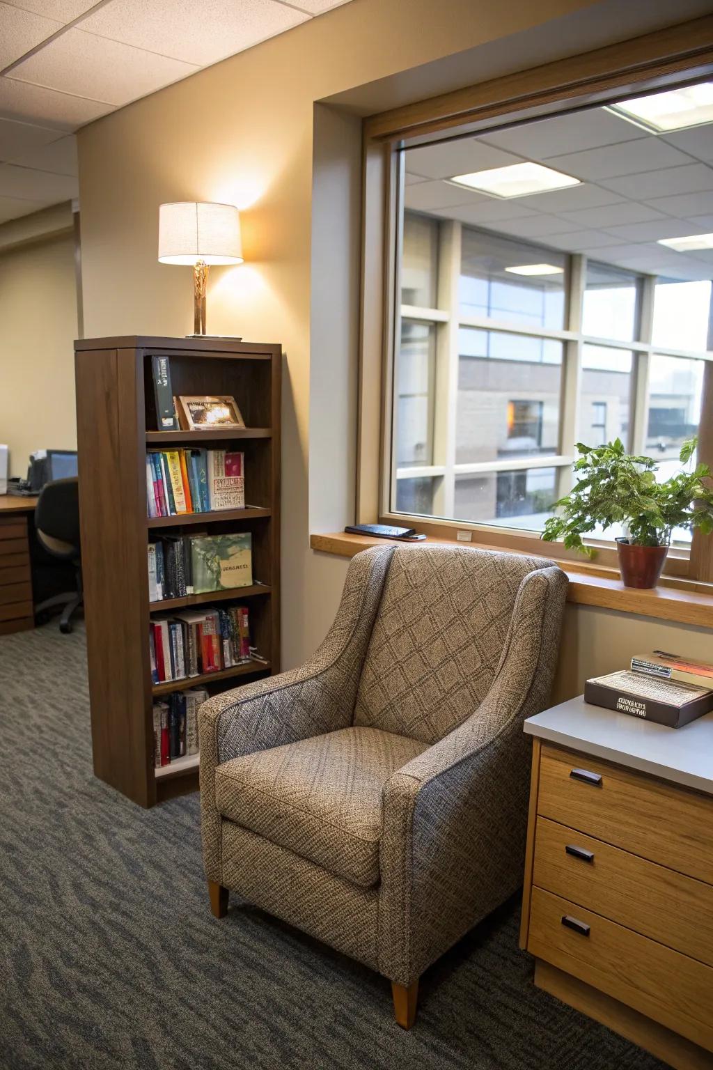 A cozy reading nook provides a perfect spot for relaxation and inspiration.