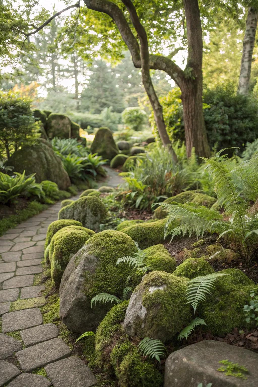 An abundant garden bed integrates lichen rocks and vibrant ferns.