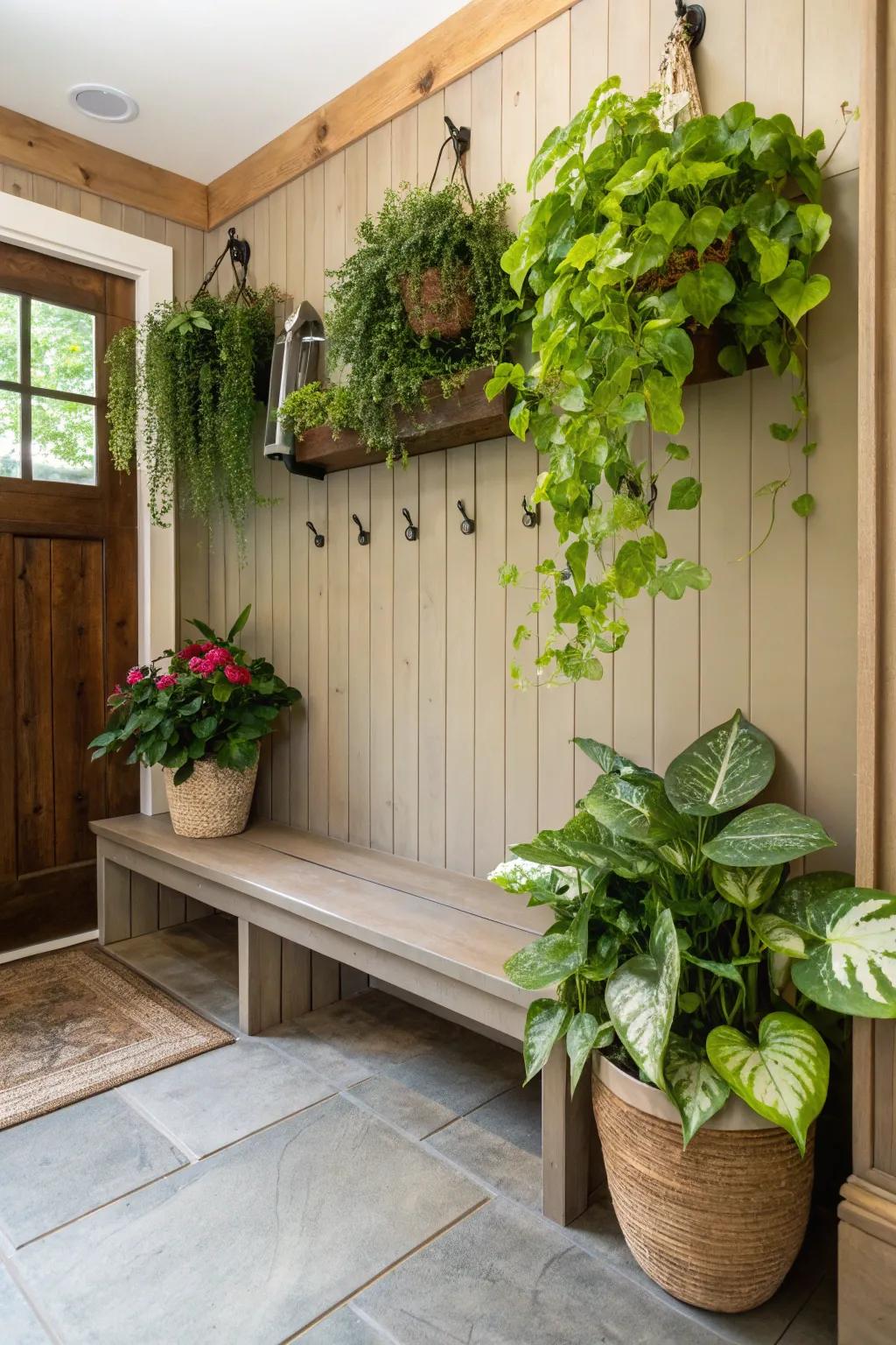 A fresh mudroom bench complemented by vibrant greenery.