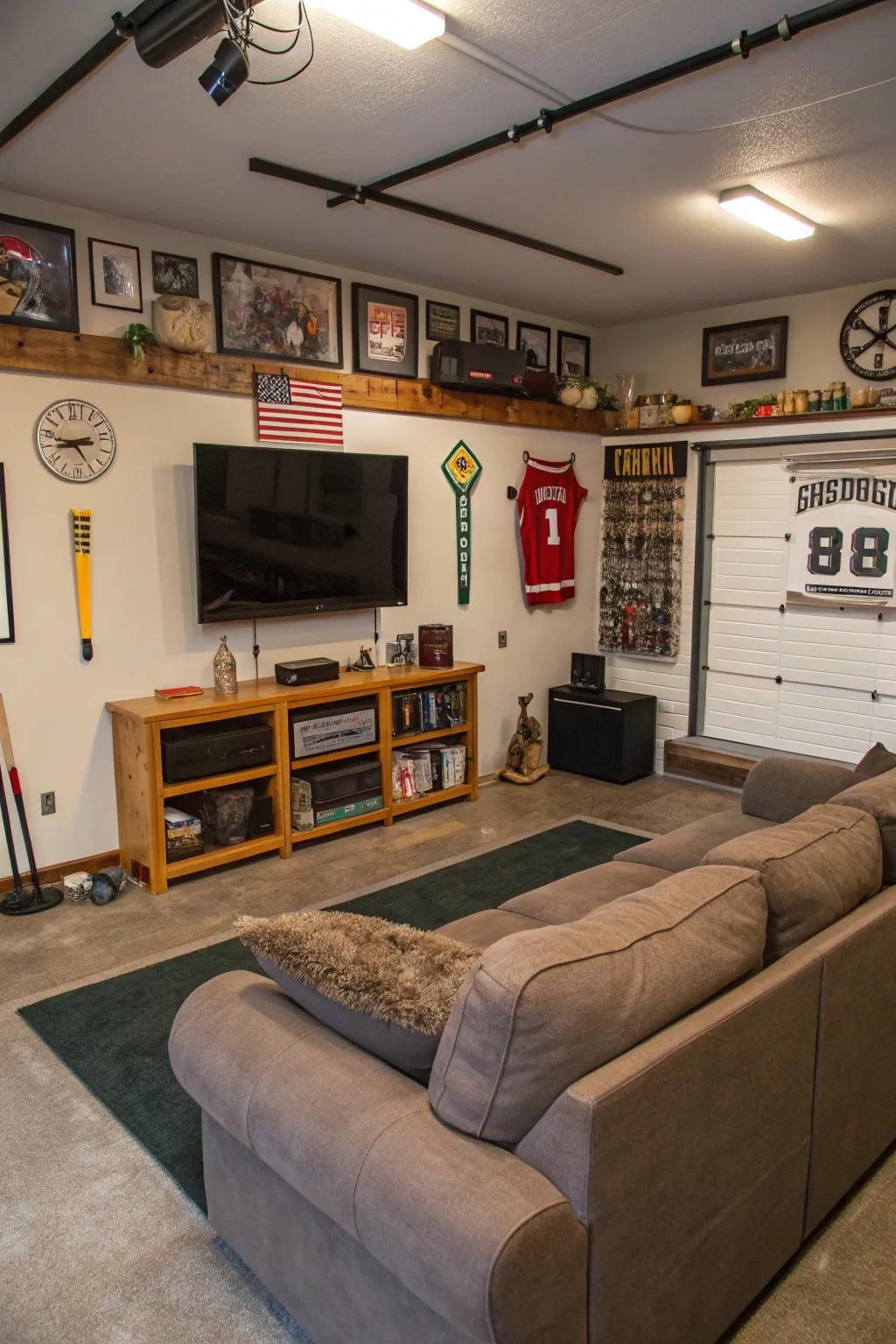 A personalized man cave or she shed set up in a garage.