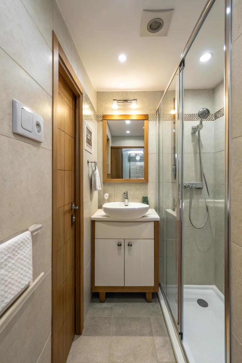 Strategic lighting enhances the ambiance and openness of narrow bathrooms.