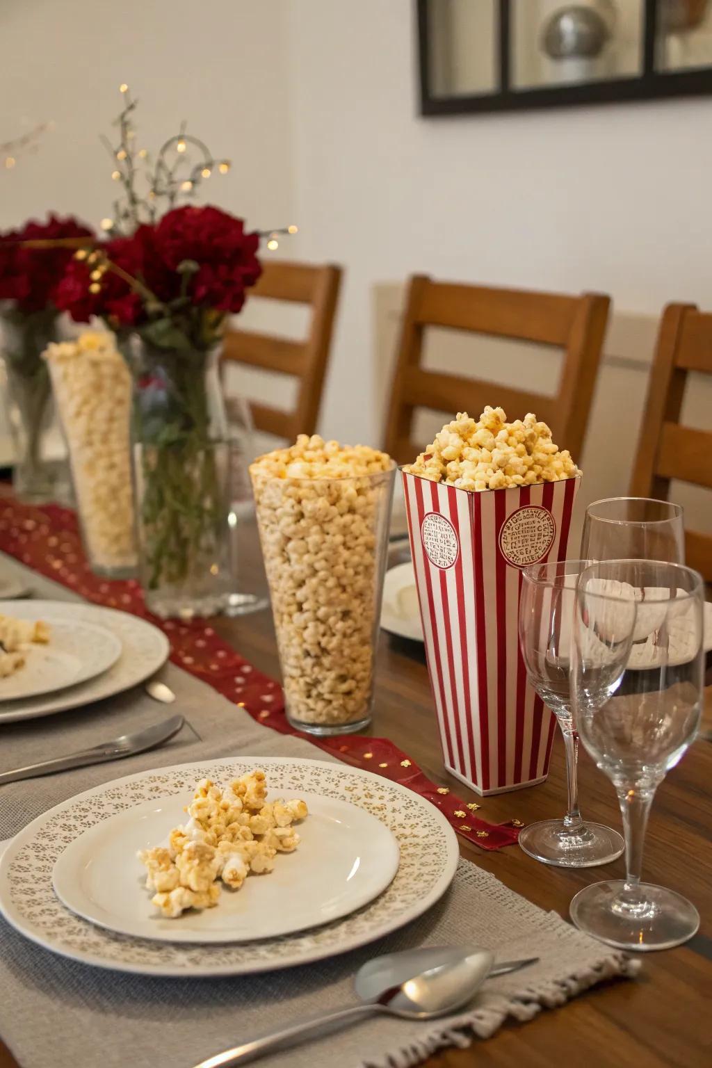 A stylish dining table with creative popcorn-themed settings.