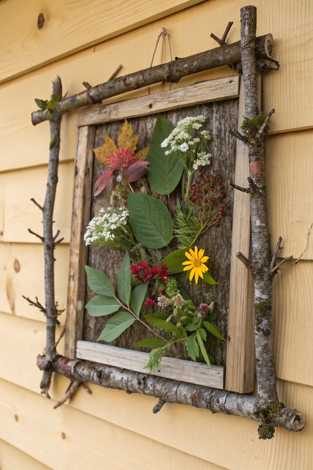 A rustic frame collage employing twigs and rind.