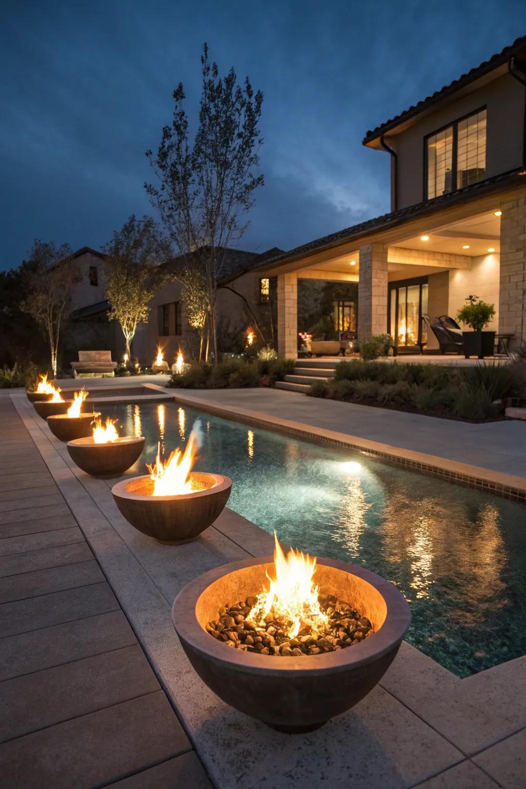 A captivating pool precinct featuring fiery features that illuminate the night.