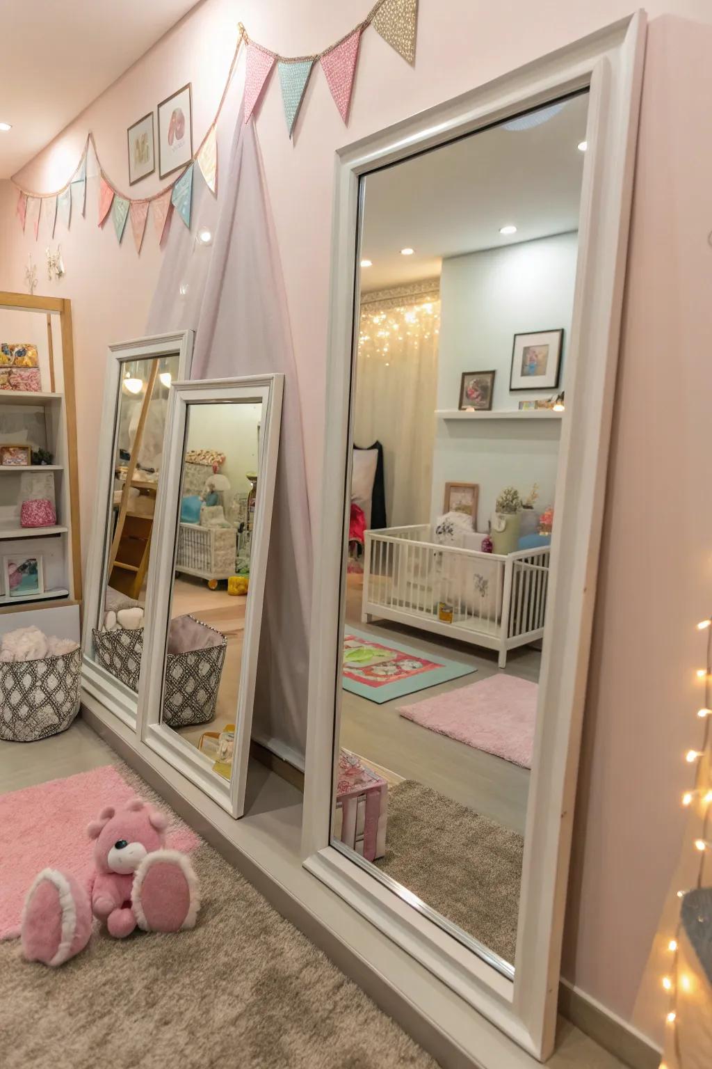 Layered mirrors add depth and visual interest to this nursery.