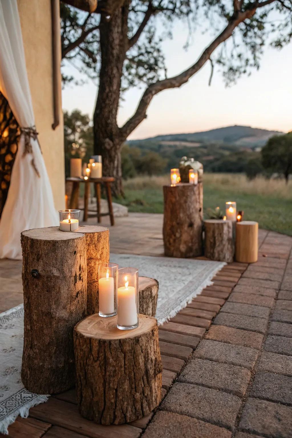 Rustic wooden holders add a natural charm to candle displays.