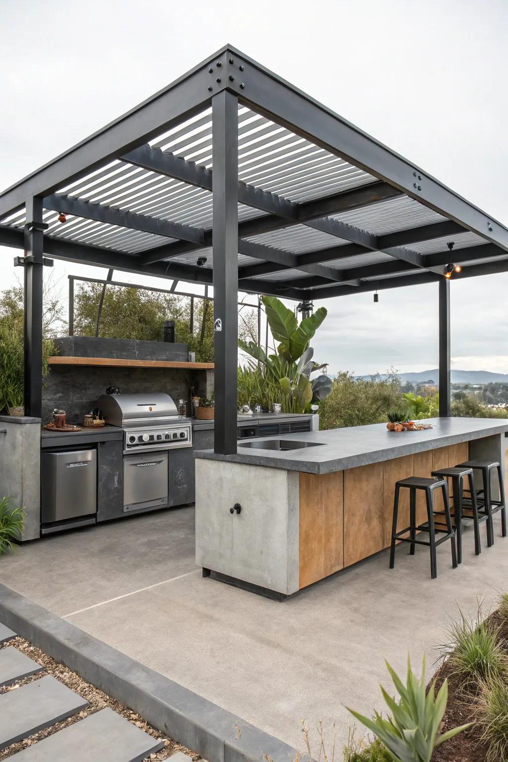 Get an urban vibe with an industrial edge outdoor kitchen gazebo.