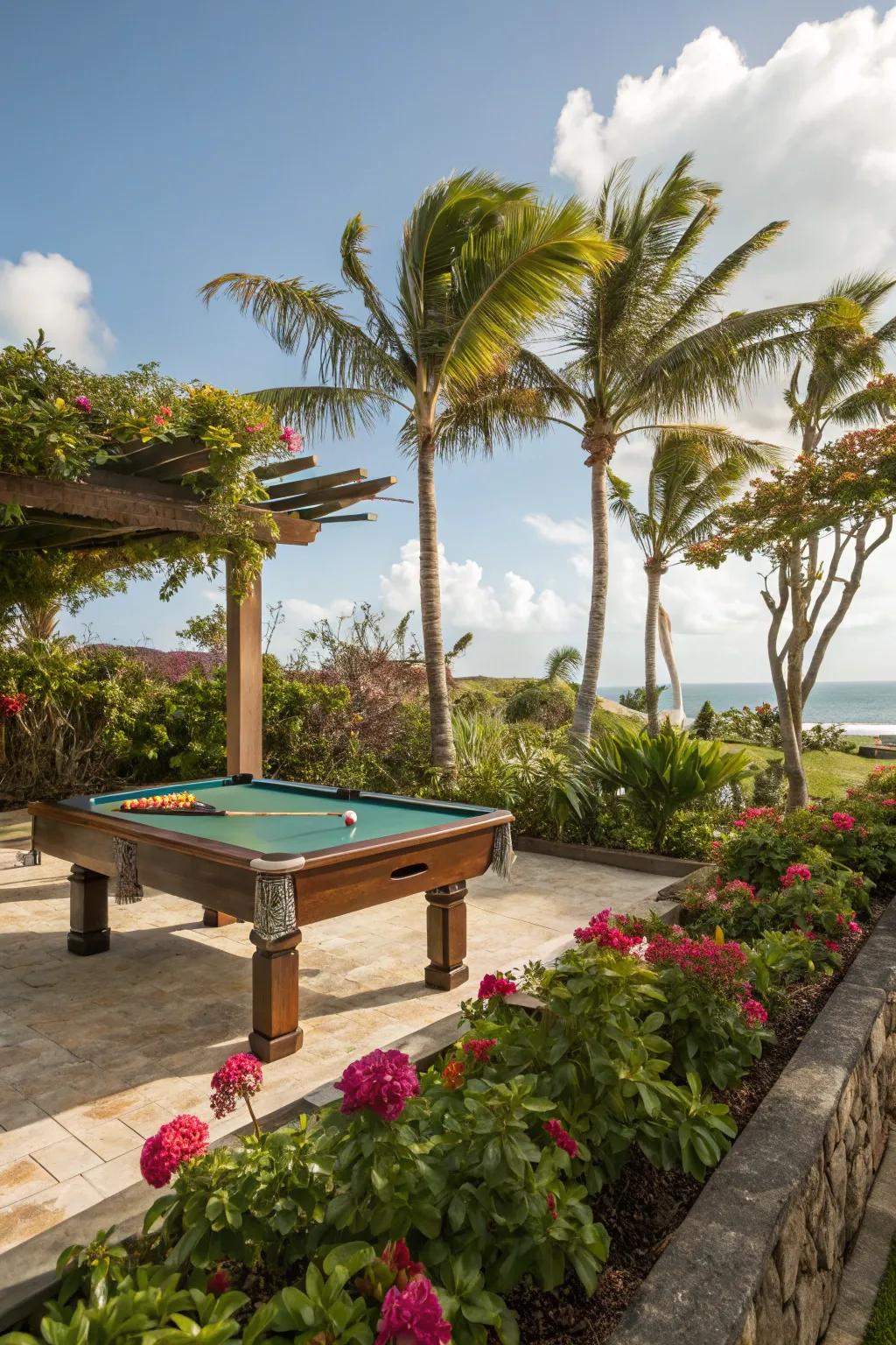 A tropical-themed pool table area with lush, vibrant greenery.