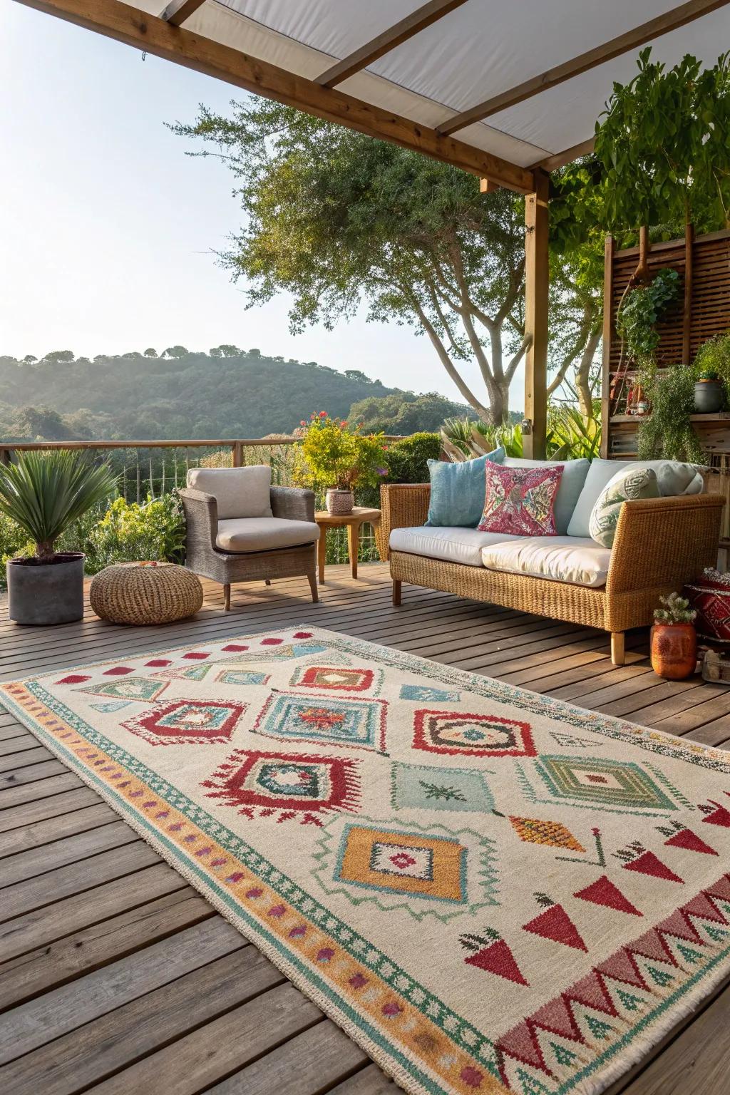 Outdoor rugs help define spaces and add character to your patio.