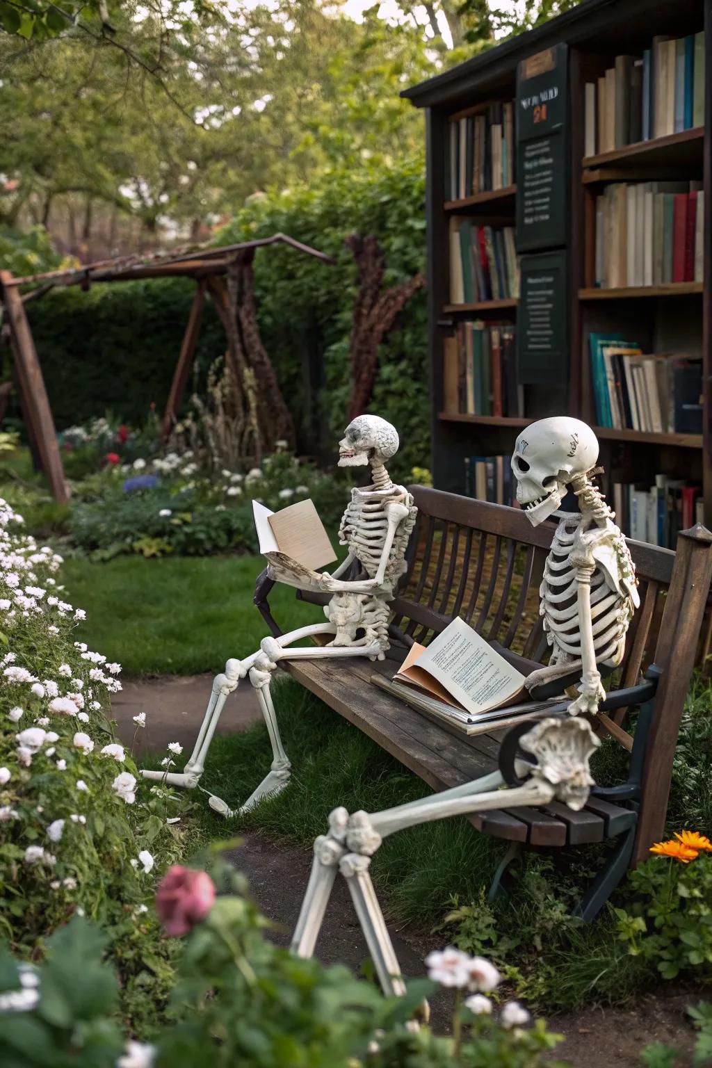 Skeletons enjoying a quiet moment in their outdoor library.