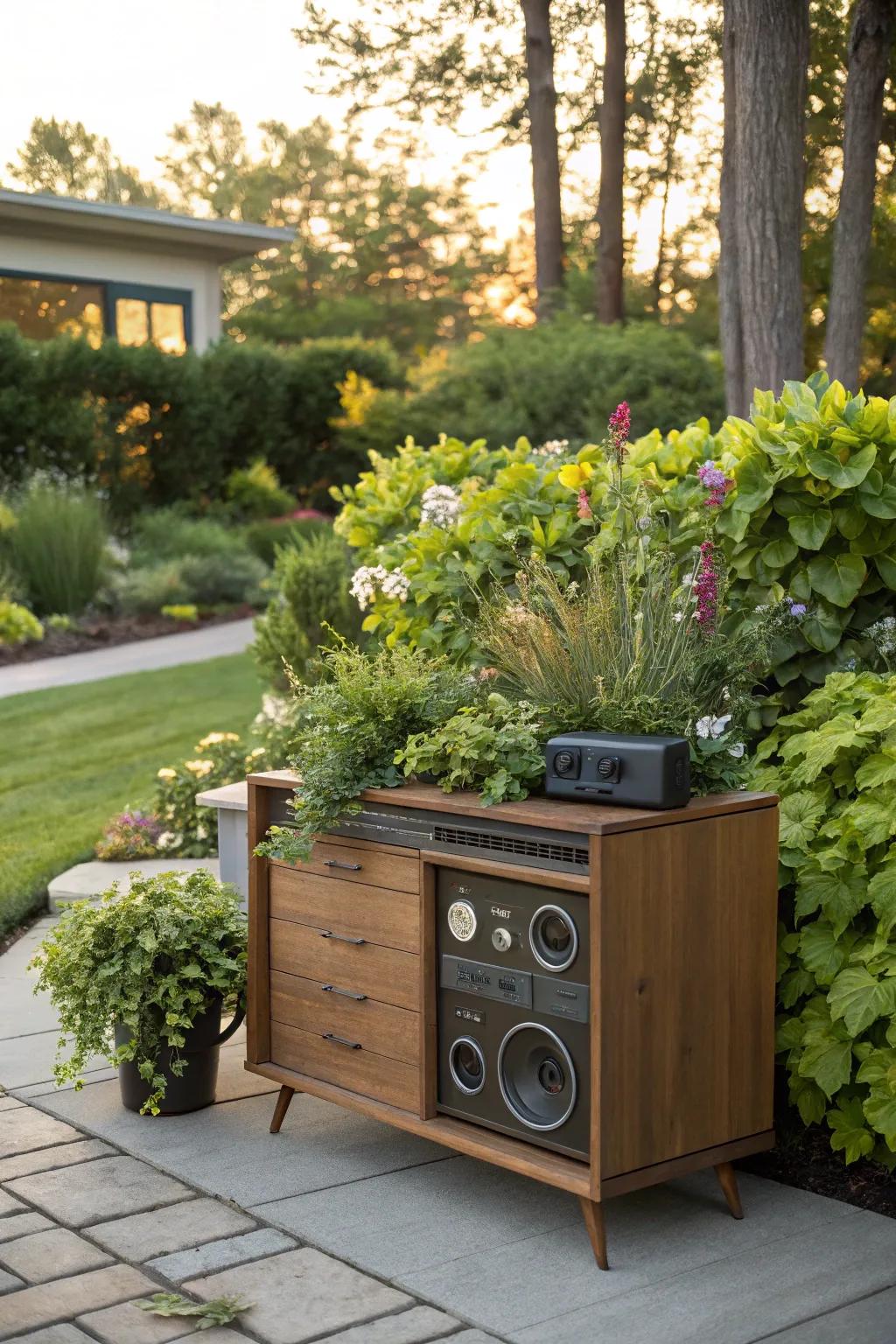 Planter-style cabinets cleverly conceal audio equipment within garden decor.