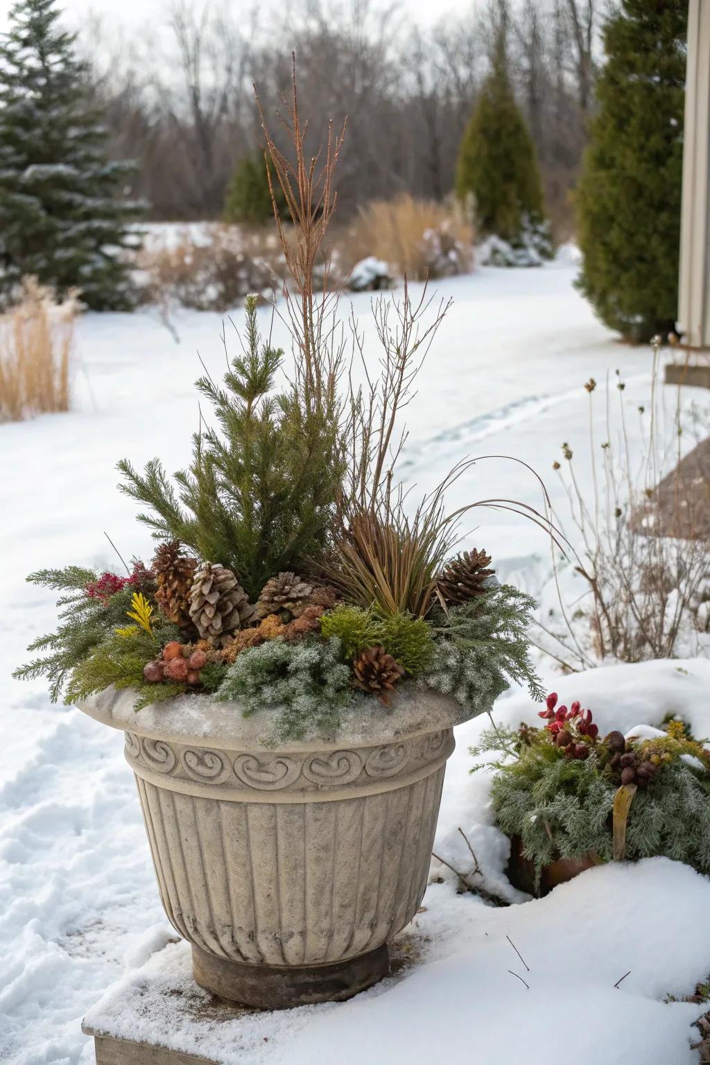 Dried elements add texture and depth to planters.