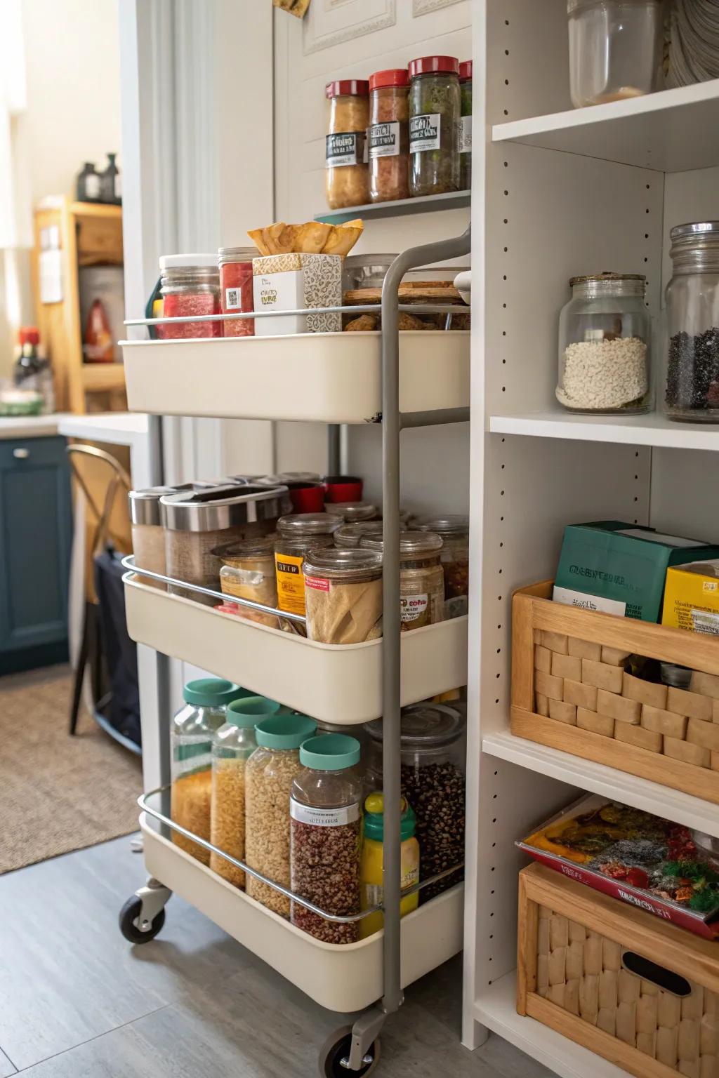 A pantry featuring a mobile storage cart for versatile organization.
