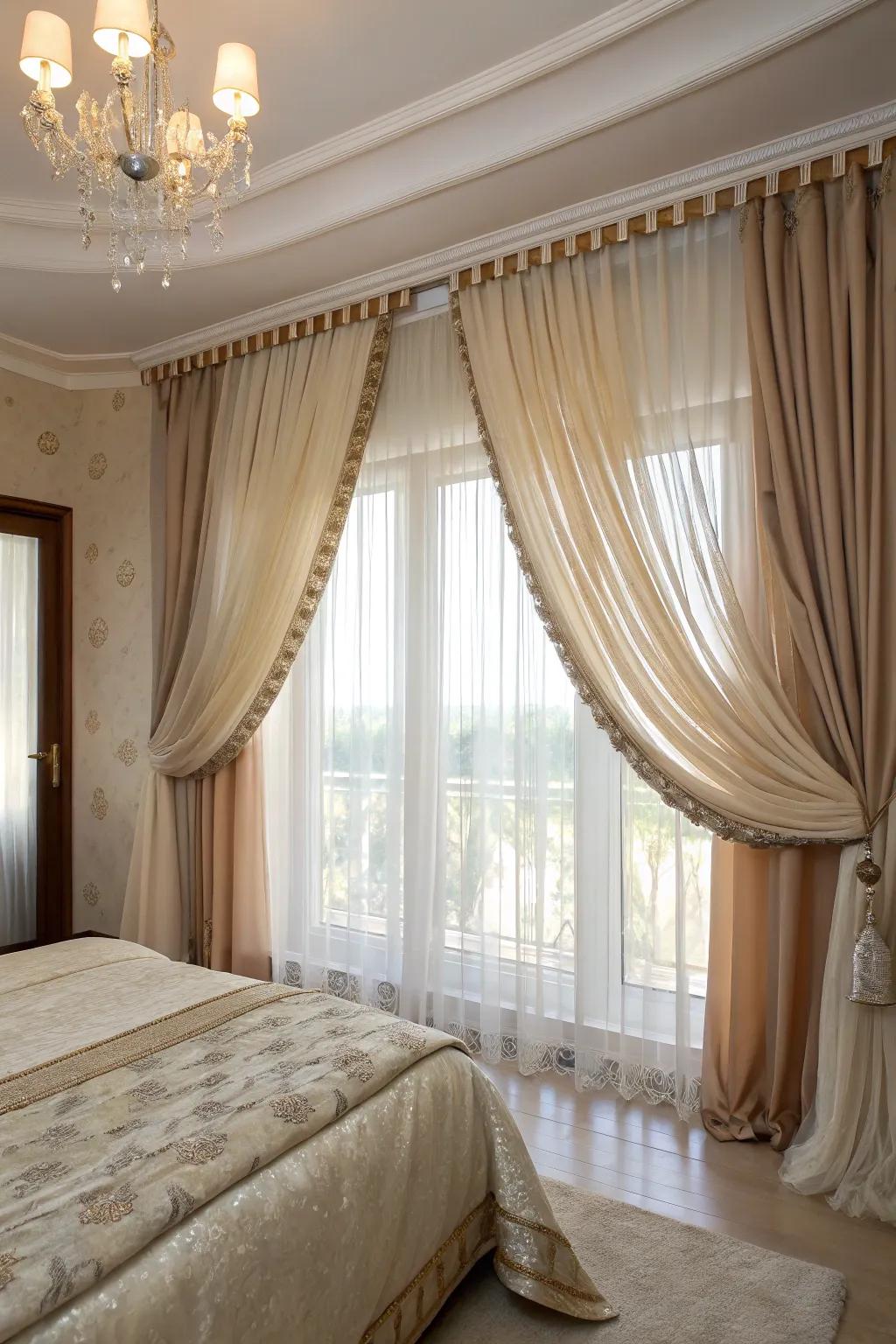 Stylish window dressing presents light management and privacy.