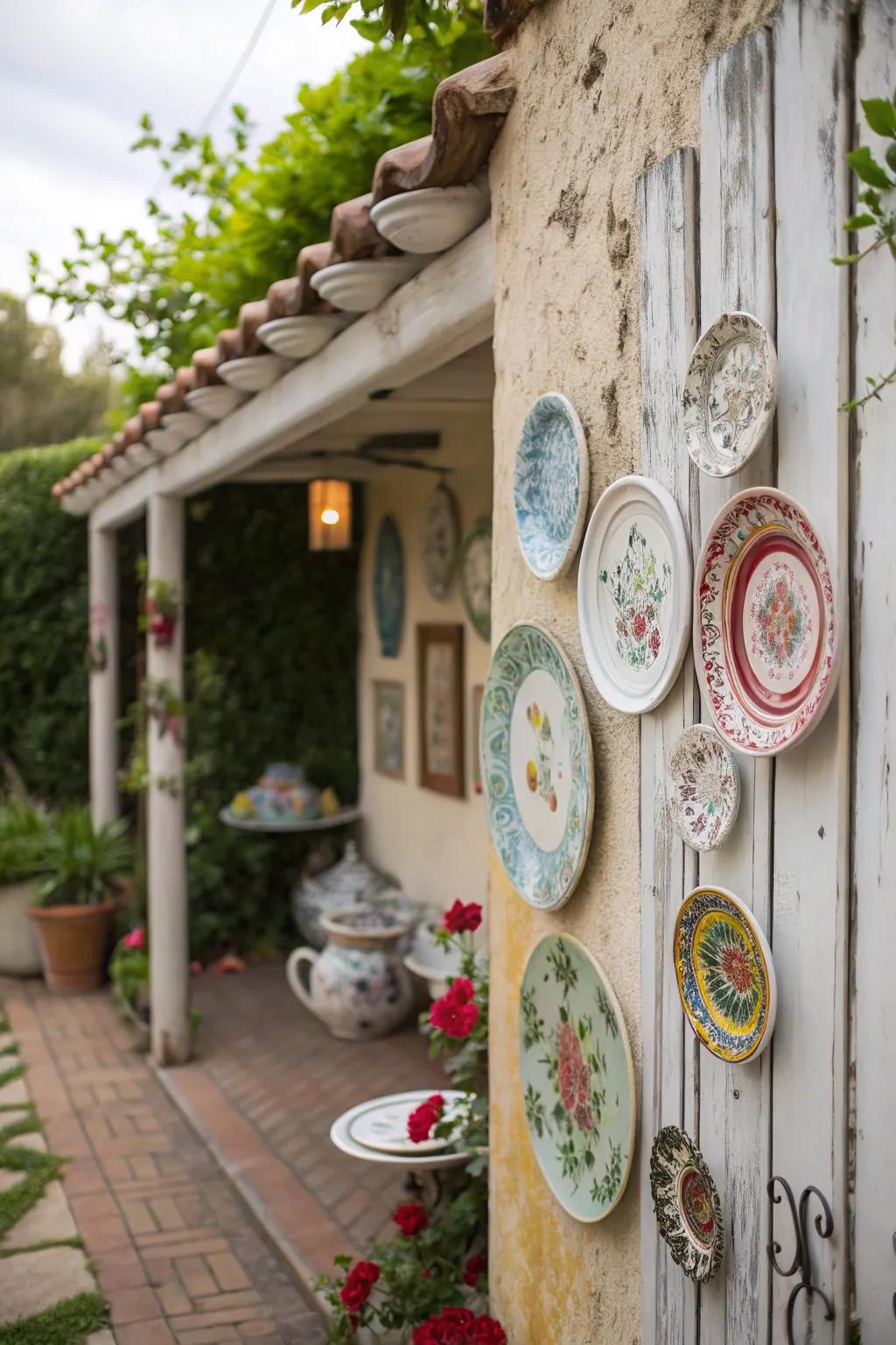 An elegant plate arrangement enhances patio wall aesthetics.