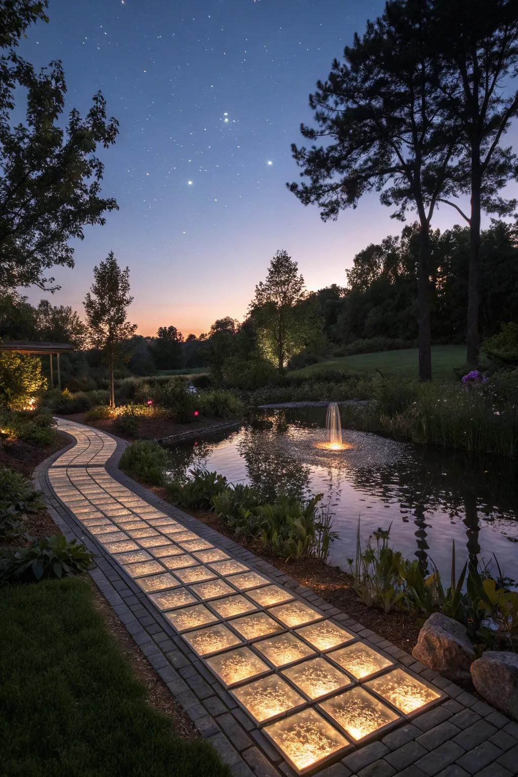 A magical glass walkway glowing by a serene pond.