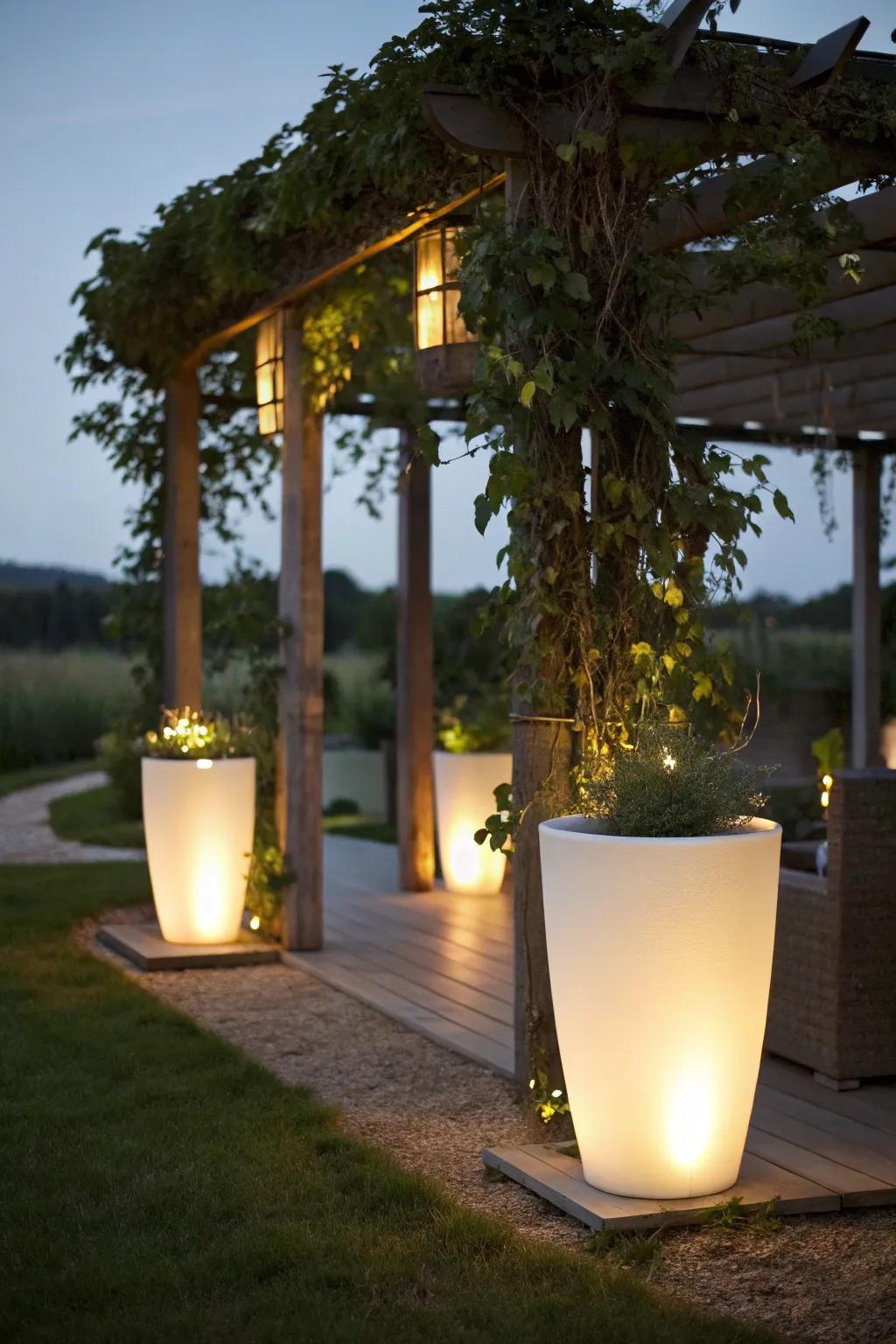 Luminous planters add depth and interest.