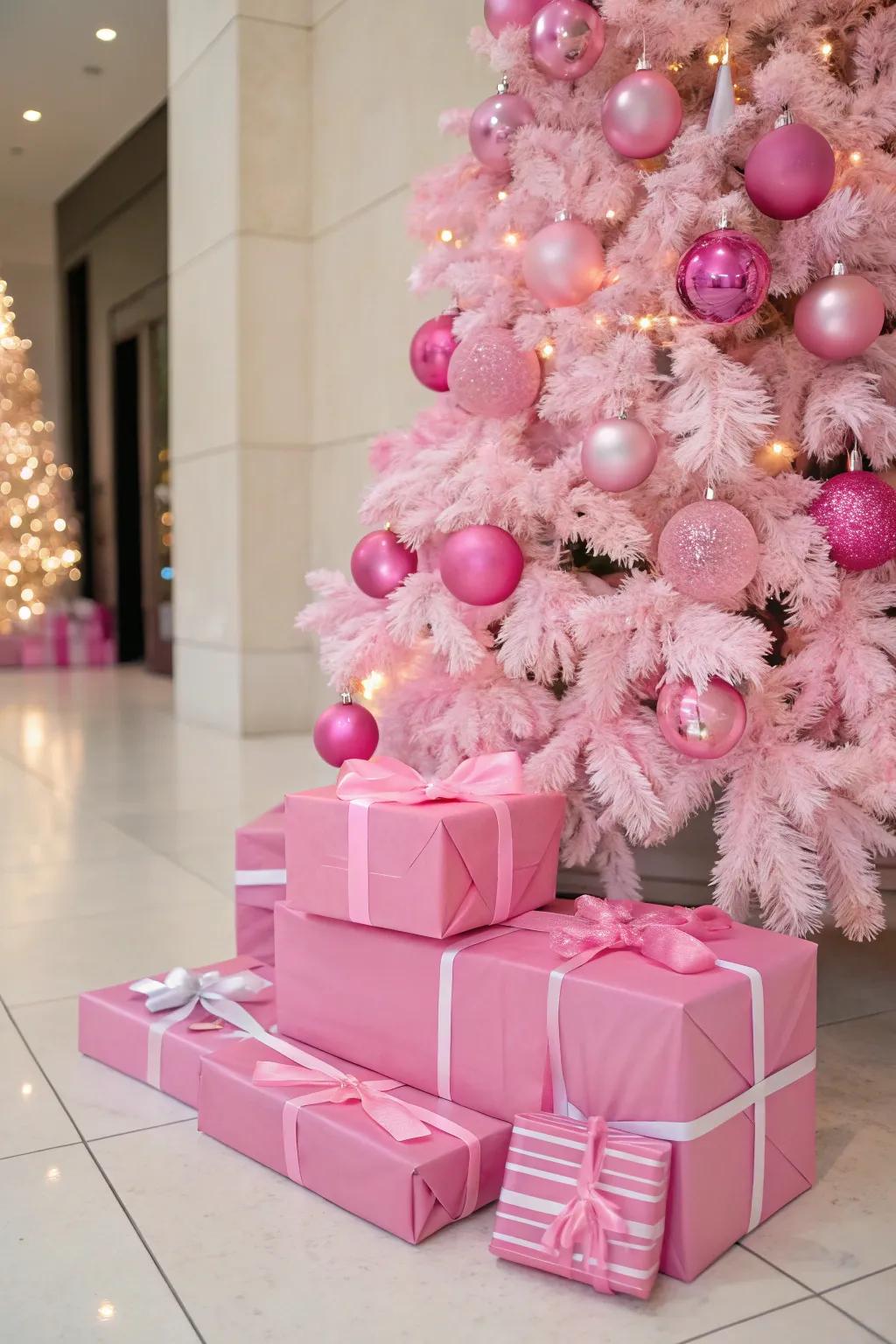 Pink gift boxes complete the look of this coordinated Christmas scene.