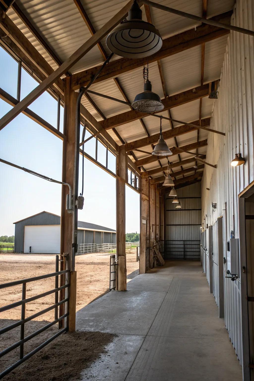 Industrial features in a pole barn with metal fixtures and exposed beams.