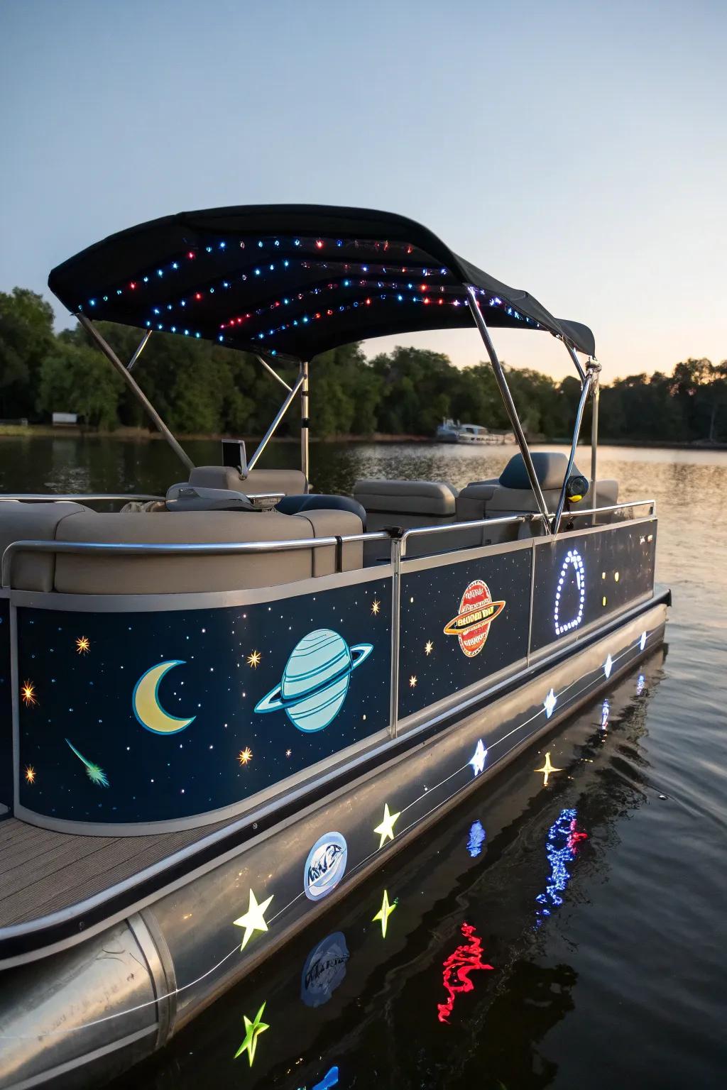 Space-themed pontoon boat with celestial decorations.