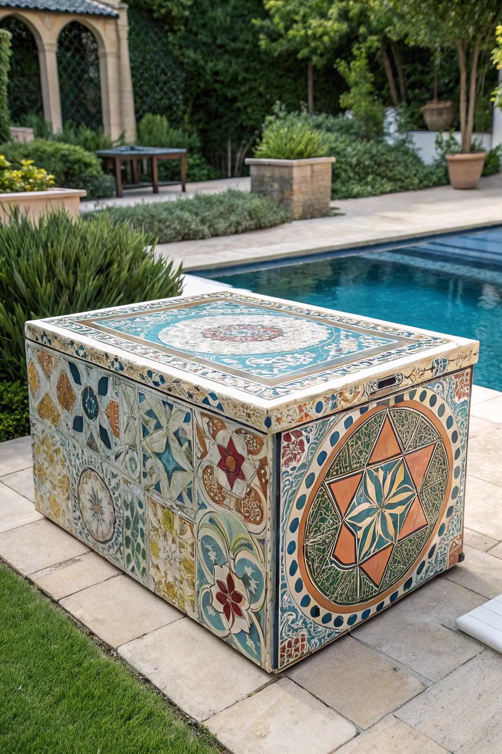 A vibrant mosaic tile box transforming a cover into a centerpiece.