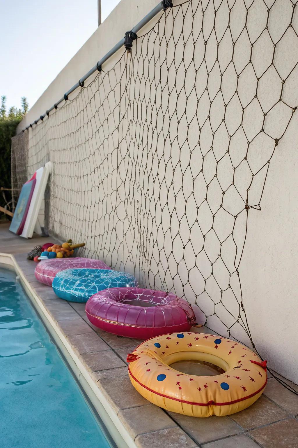 Bungee cord nets provide a flexible storage solution for pool toys.