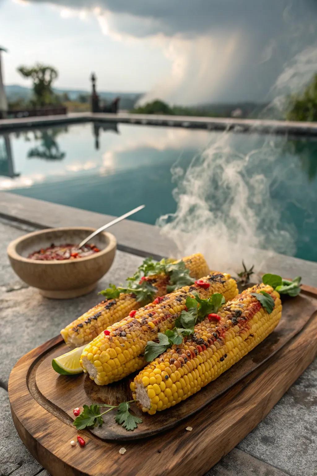 Delight in sweet and spicy grilled corn on the cob.