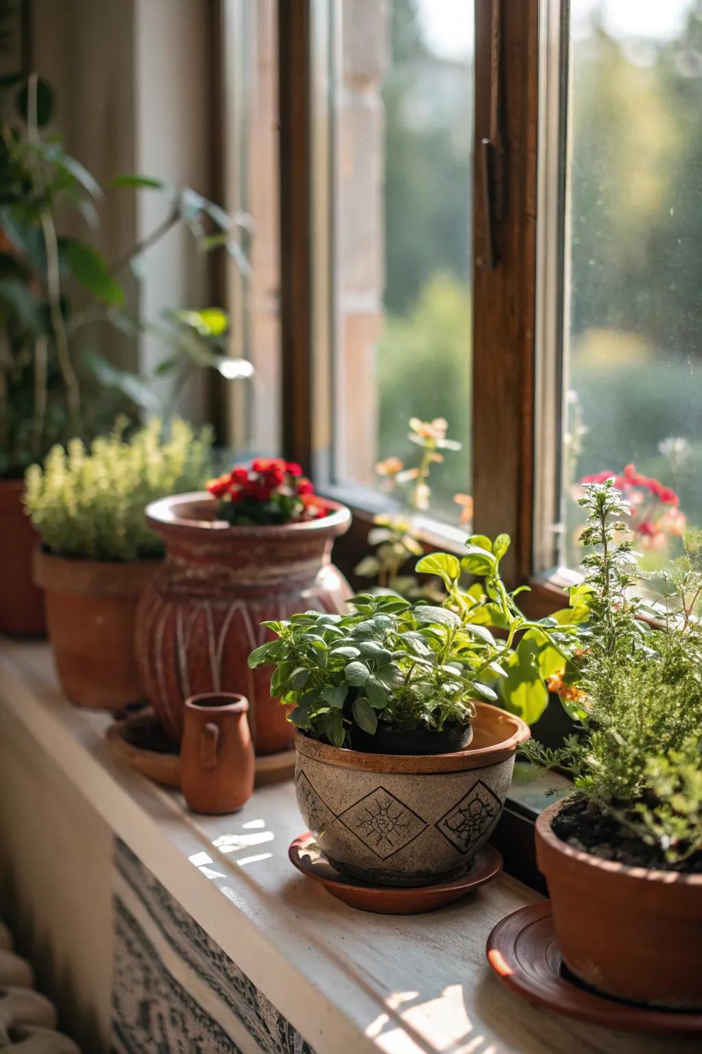 Pottery pieces and plants arranged on a windowsill.