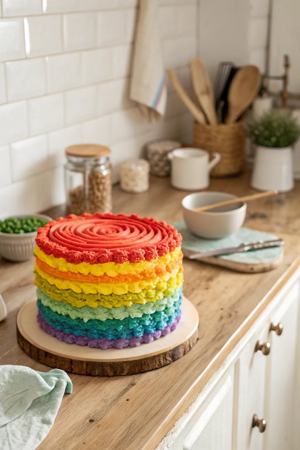 Textured buttercream adds a rustic charm to the rainbow cake.