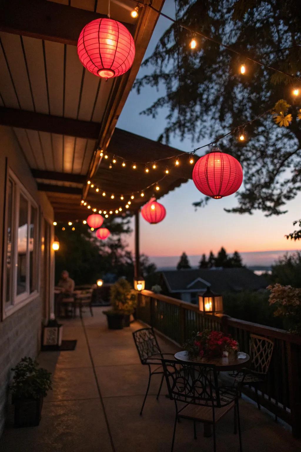 Red lanterns create a warm, inviting atmosphere.