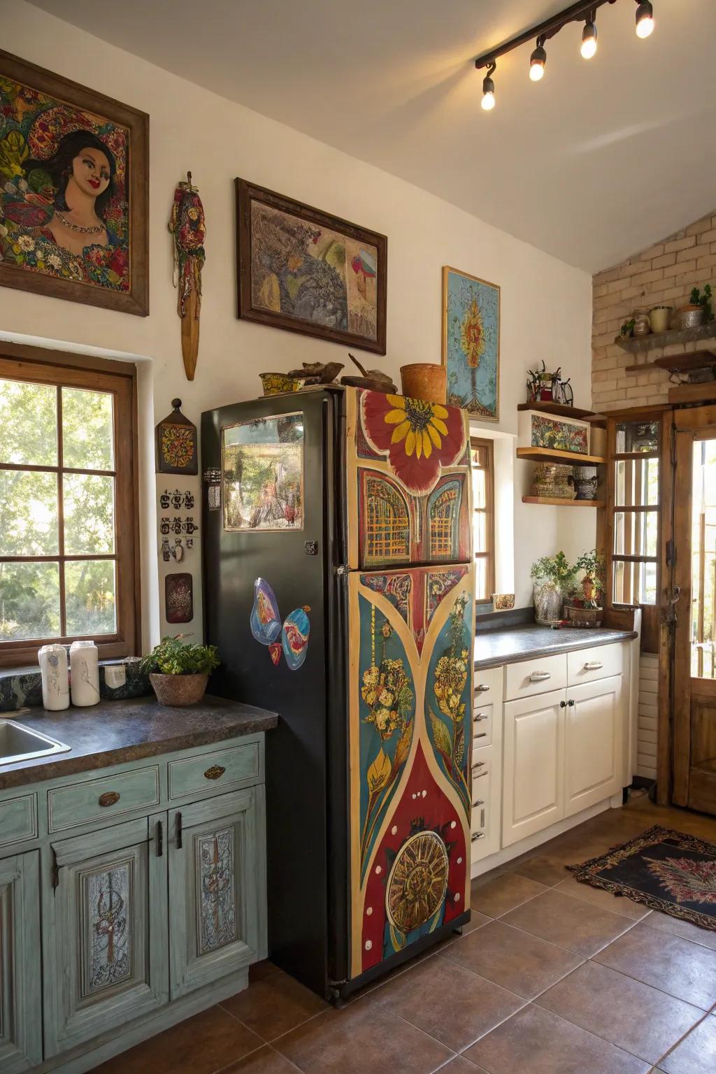 Artistic touches around the refrigerator make the kitchen unique and creative.