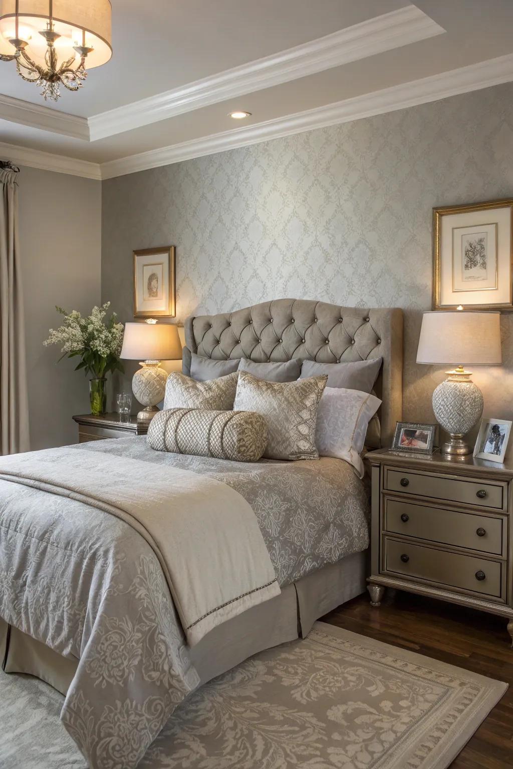 Luxurious bedding complements the restful tones of Revere Pewter.