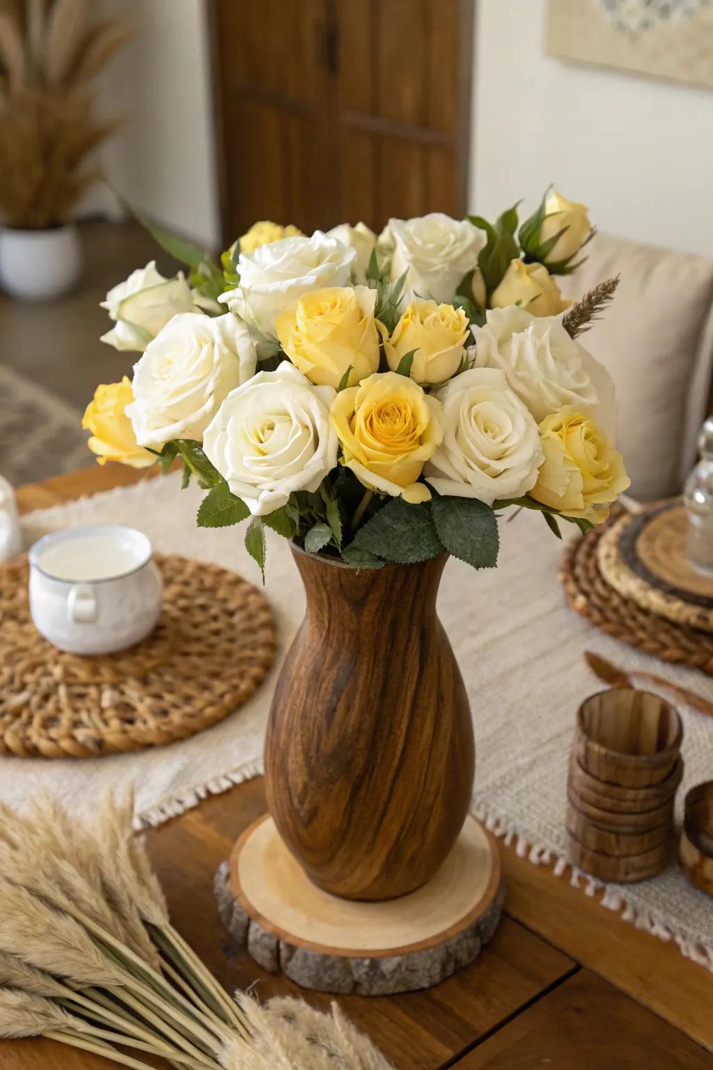 Natural Warmth with Timber Vase and Roses