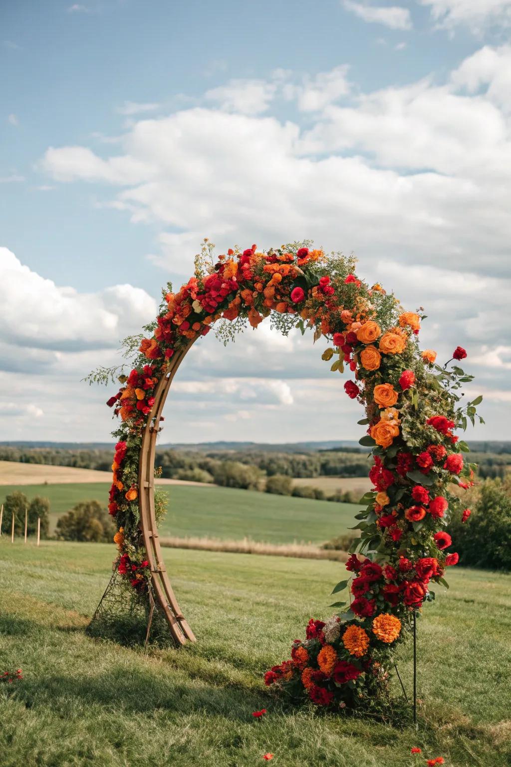 A vibrant round wedding arch with bold colors.