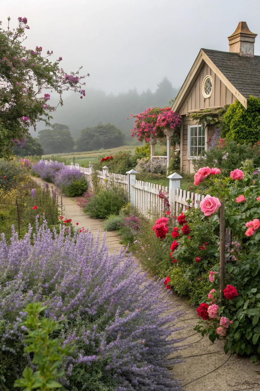 A romantic cottage garden featuring Silver Queen and heritage roses.