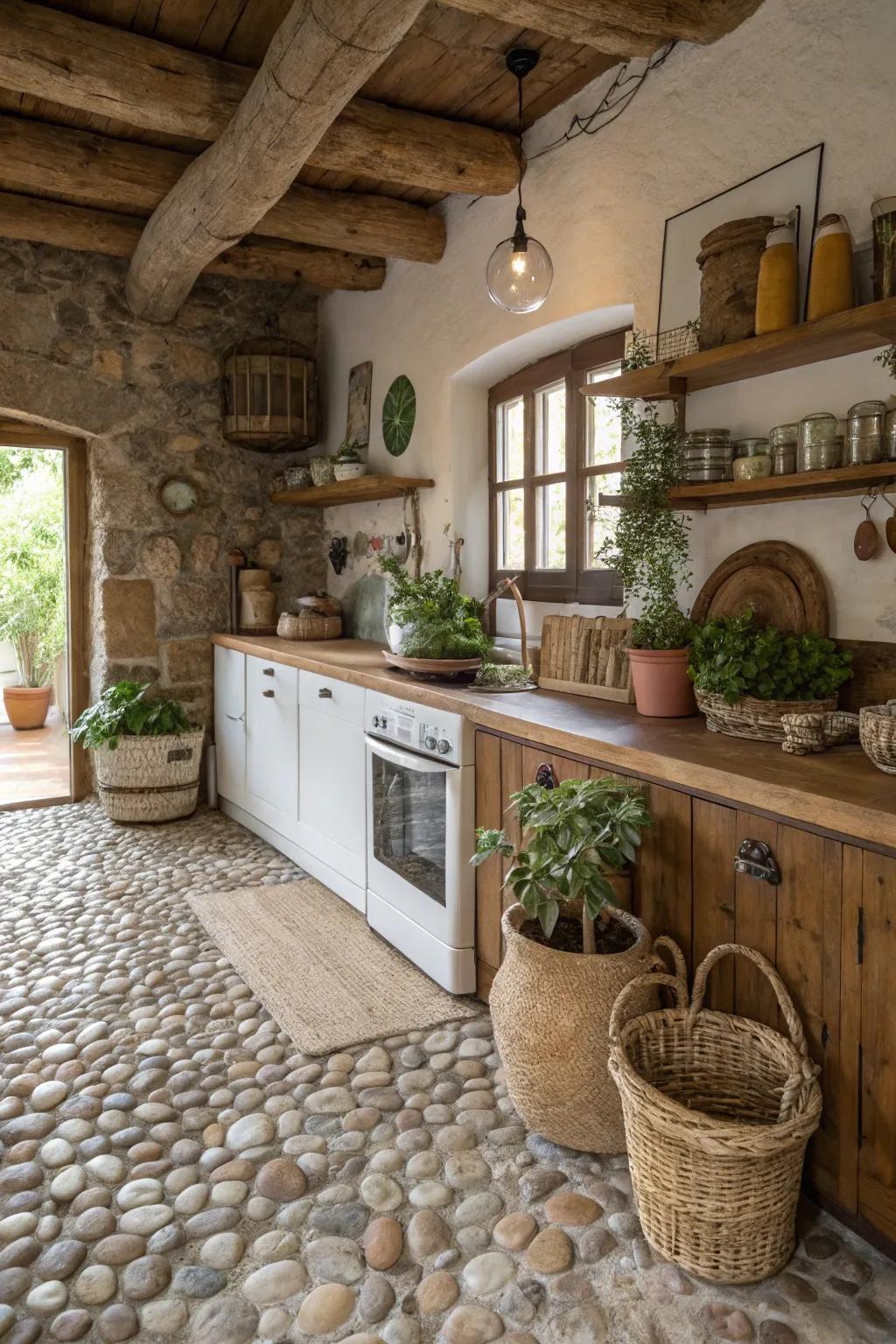 Pebble stone floors add a unique natural texture.