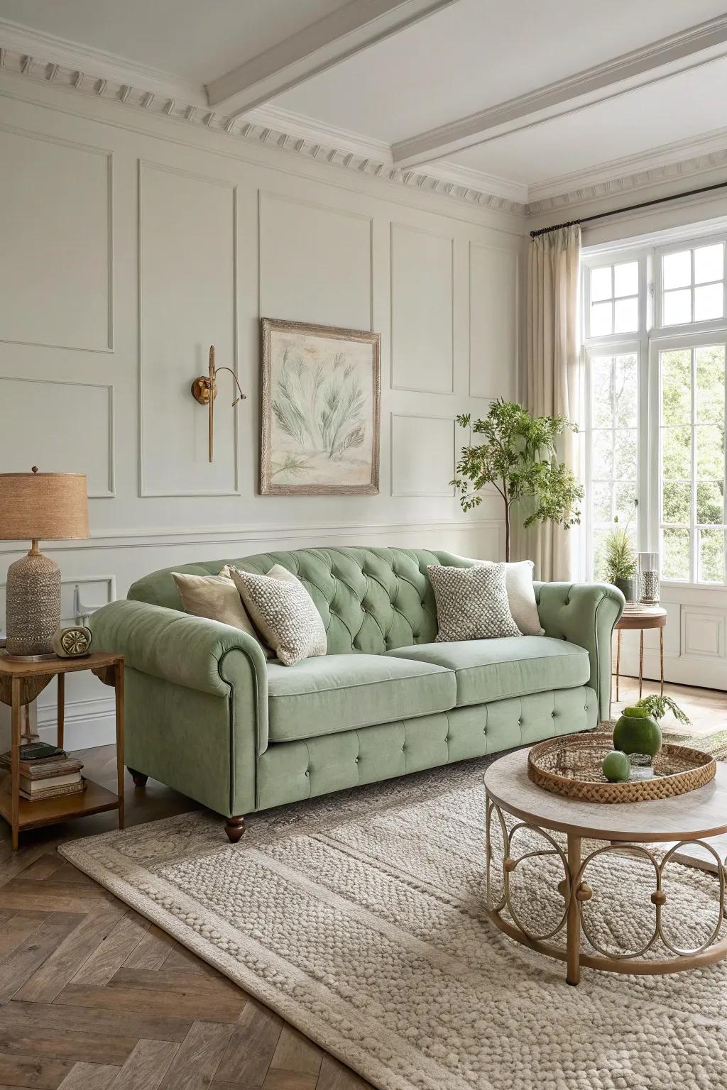 A living room with a bold sage green sofa as the focal point.