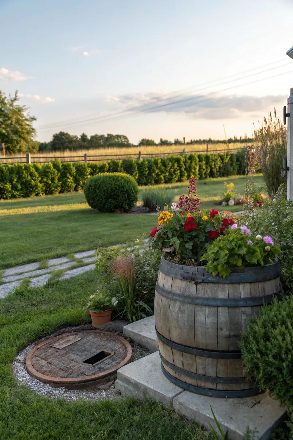 Wine barrels contribute a rustic allure to gardens.