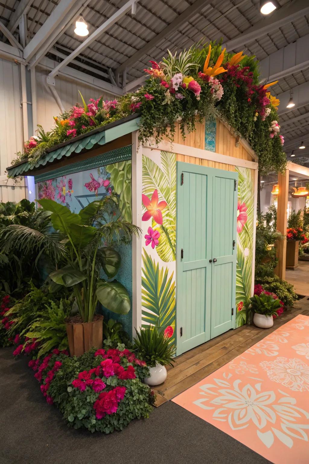 Create a tropical paradise in your she shed with vibrant decor and lush greenery.