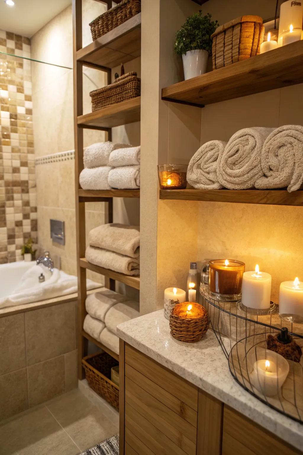 Bathroom shelves with plush towels and candles for a spa feel.