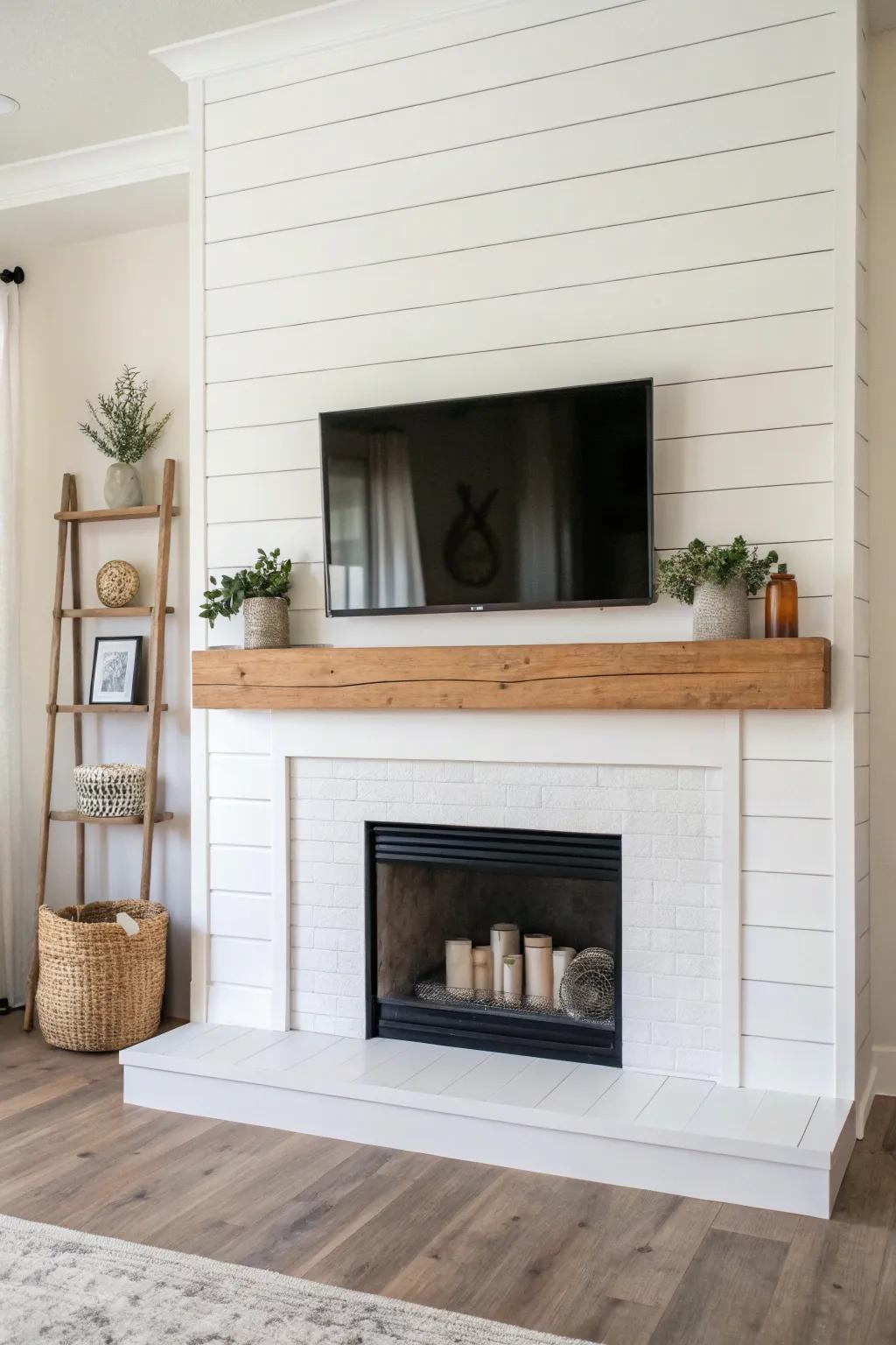 Minimalist shiplap fireplace emphasizing clean lines and simplicity.