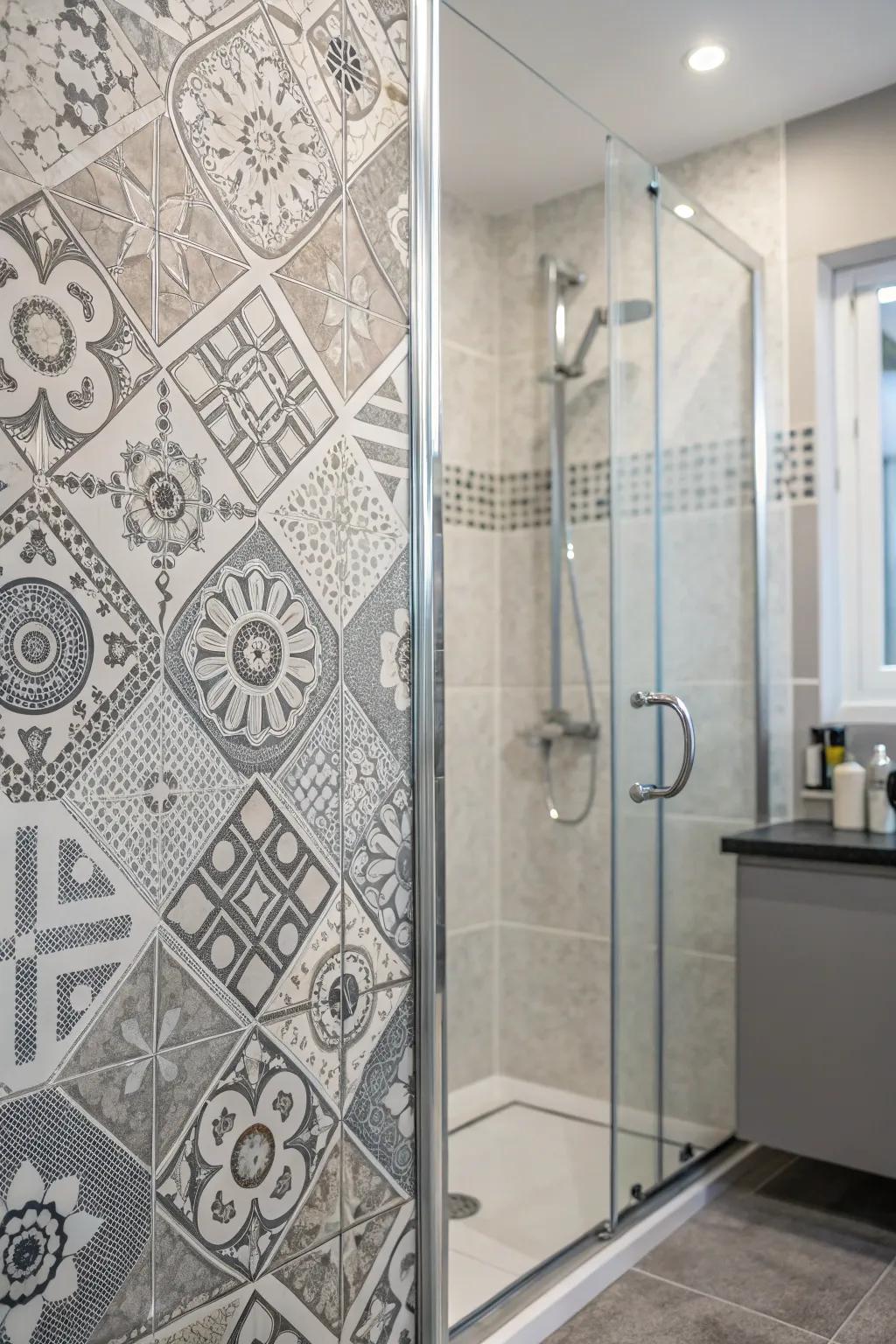 A striking feature wall with patterned grey tiles.