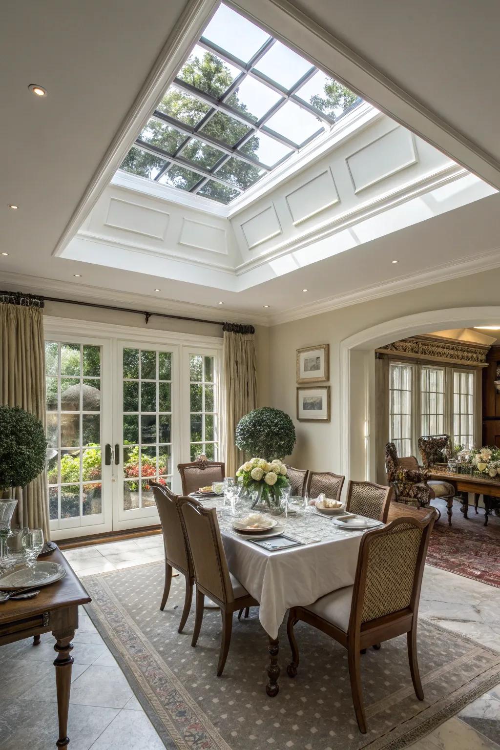 A dining room that has been elevated with oversized skylight trim.