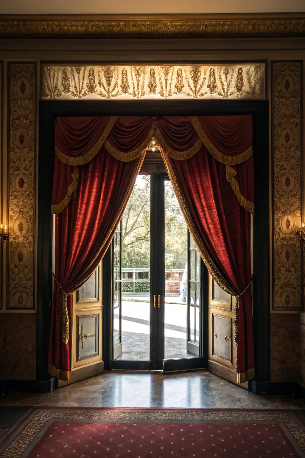 Add theatricality with a bold cornice over your curtains.
