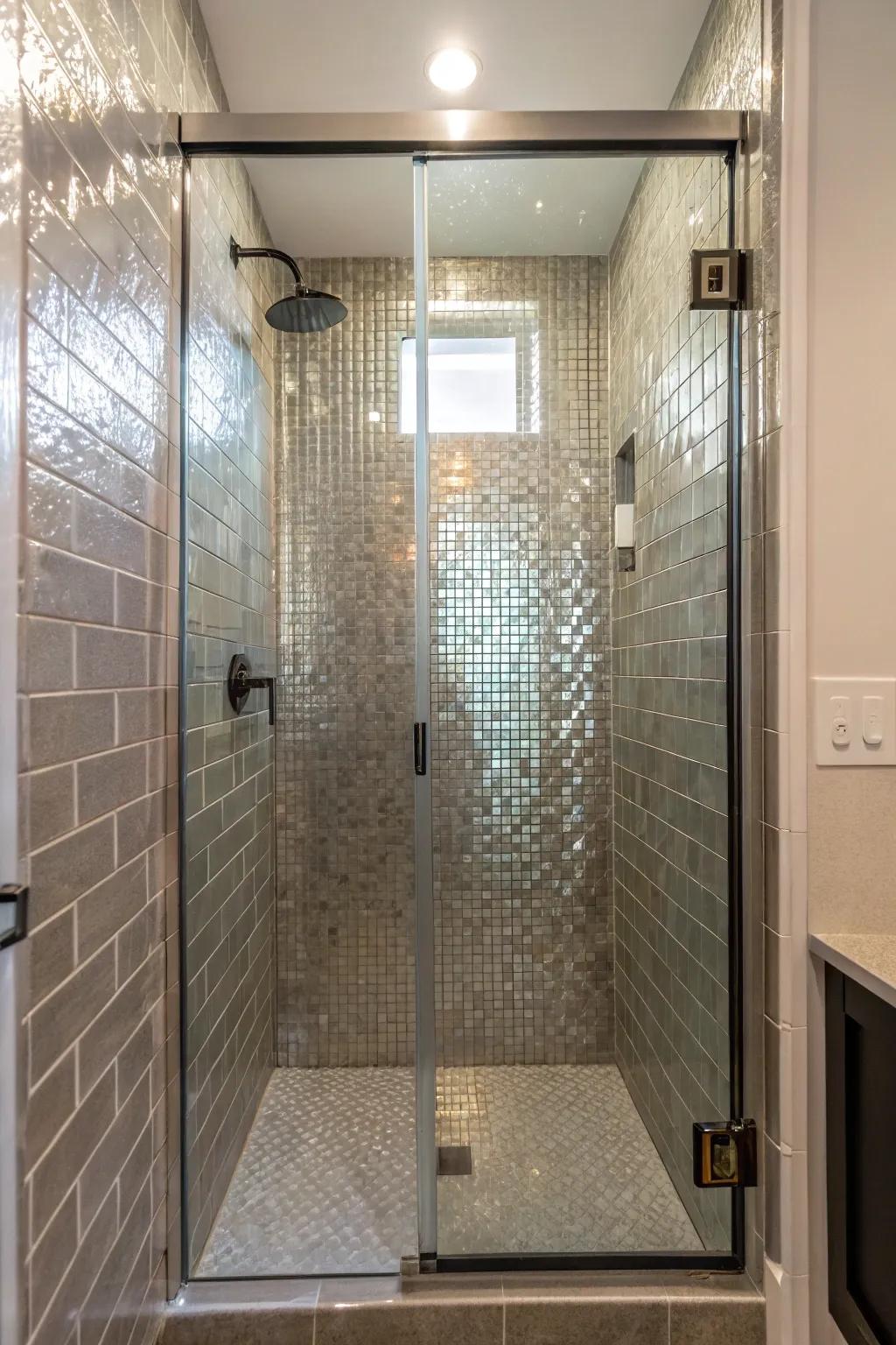 Metallic tiles add sparkle and sophistication.