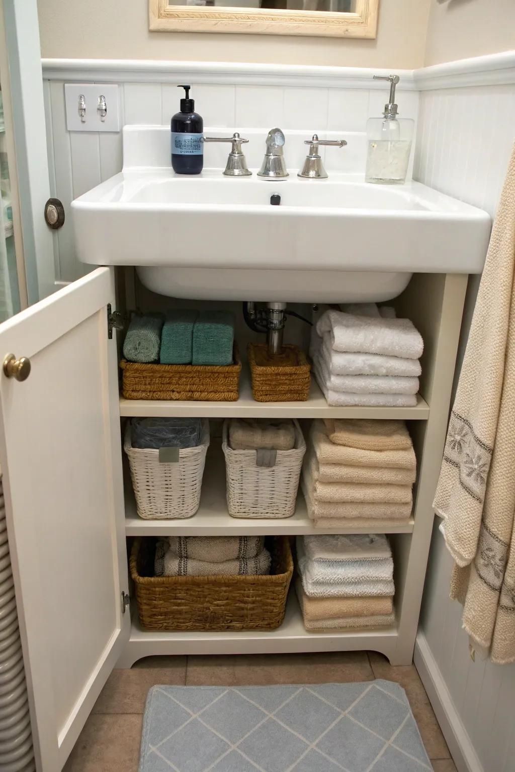 Organizers beneath the sink keep towels hidden yet accessible.