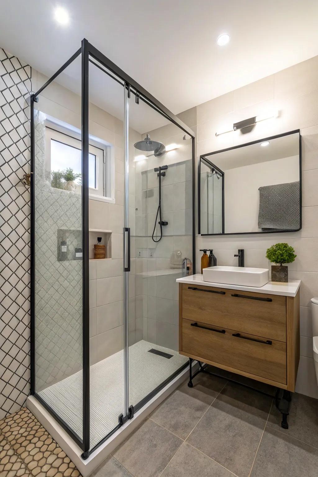 Stained glass adds elegance and privacy to small showers.