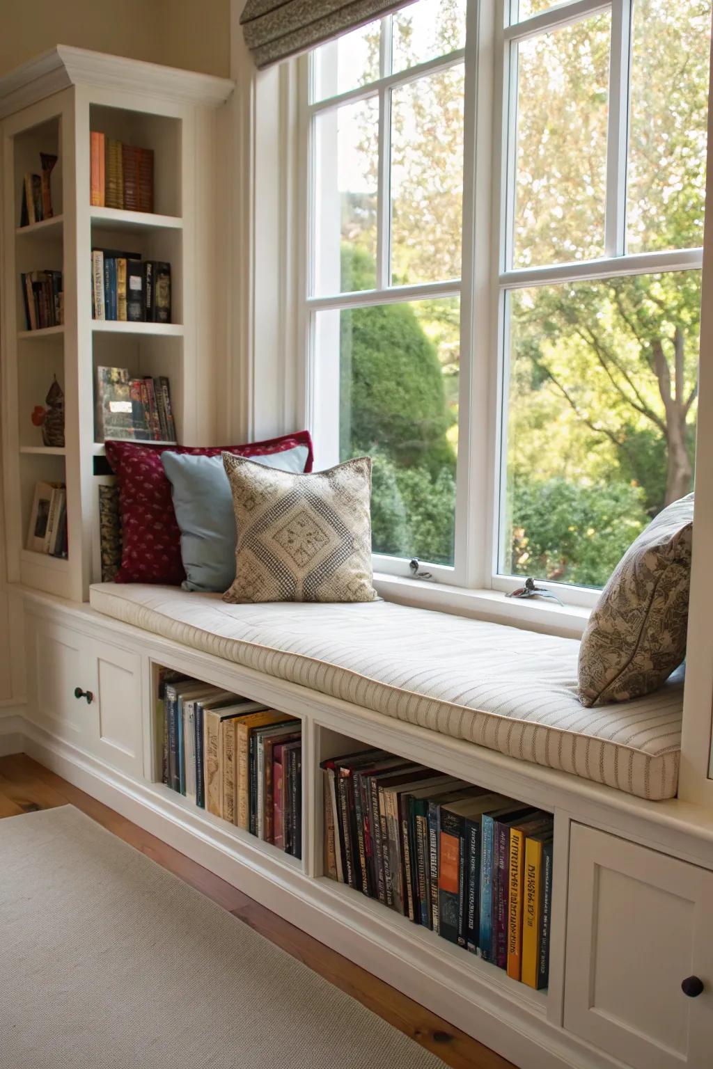 Window seats with bookshelves offer comfort and charm.