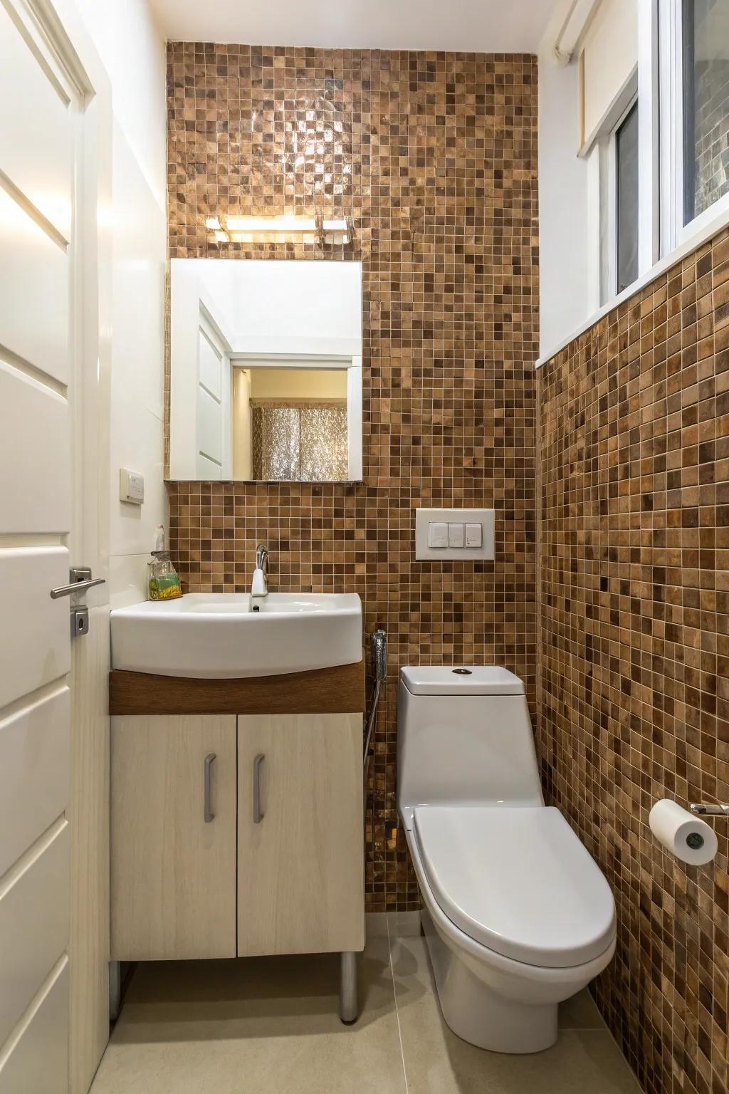 Brown mosaic backsplash adds artistic flair and texture.