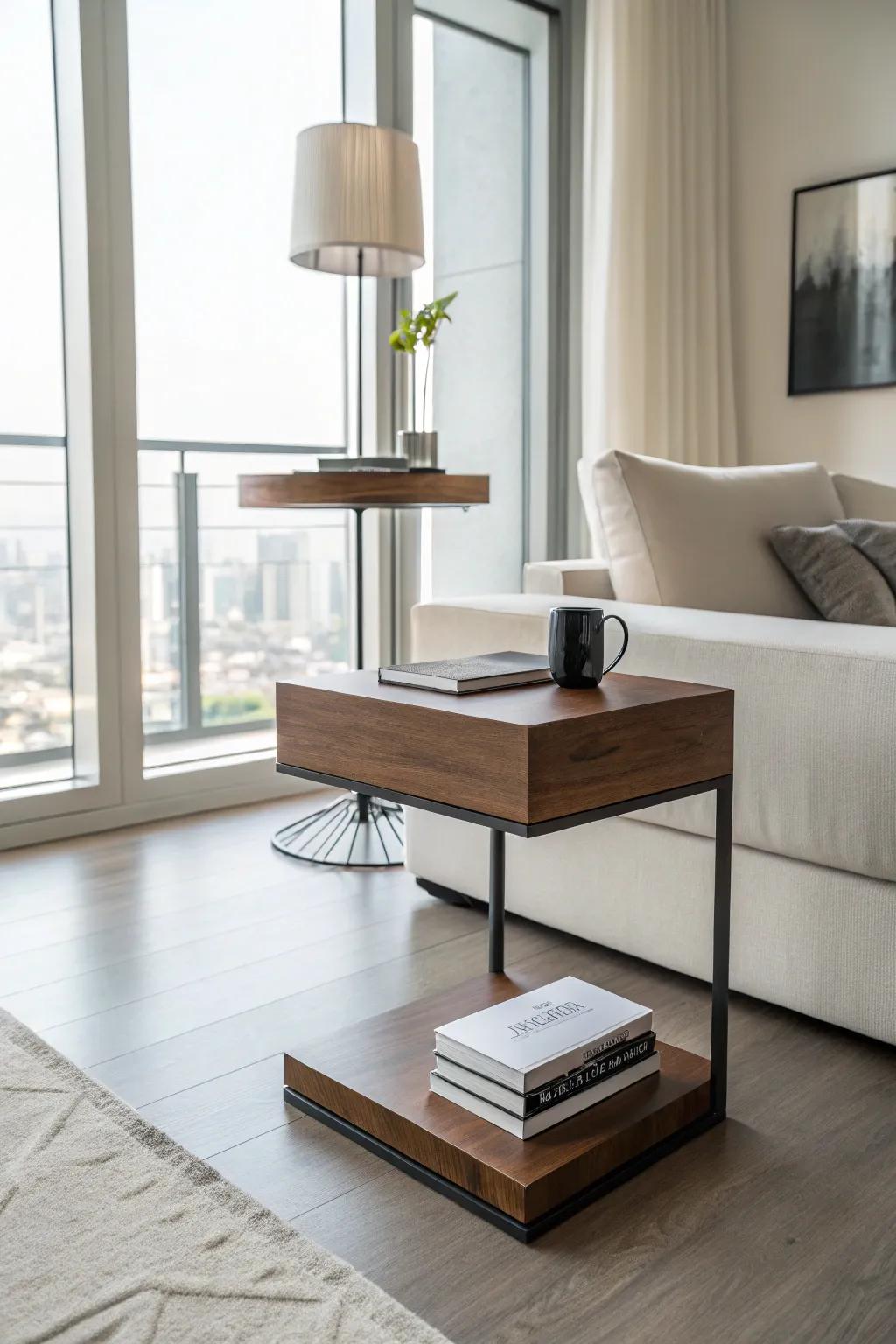 Floating end table creates a sense of space in a minimalist apartment.